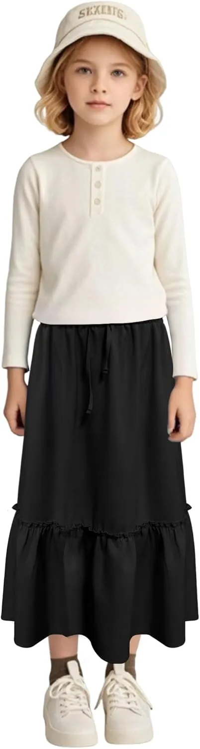 Girls High Waisted Ruffle Maxi Skirt Soft Cotton Long Skirts with Elastic Waistband for Kid Girl 3-12 Years