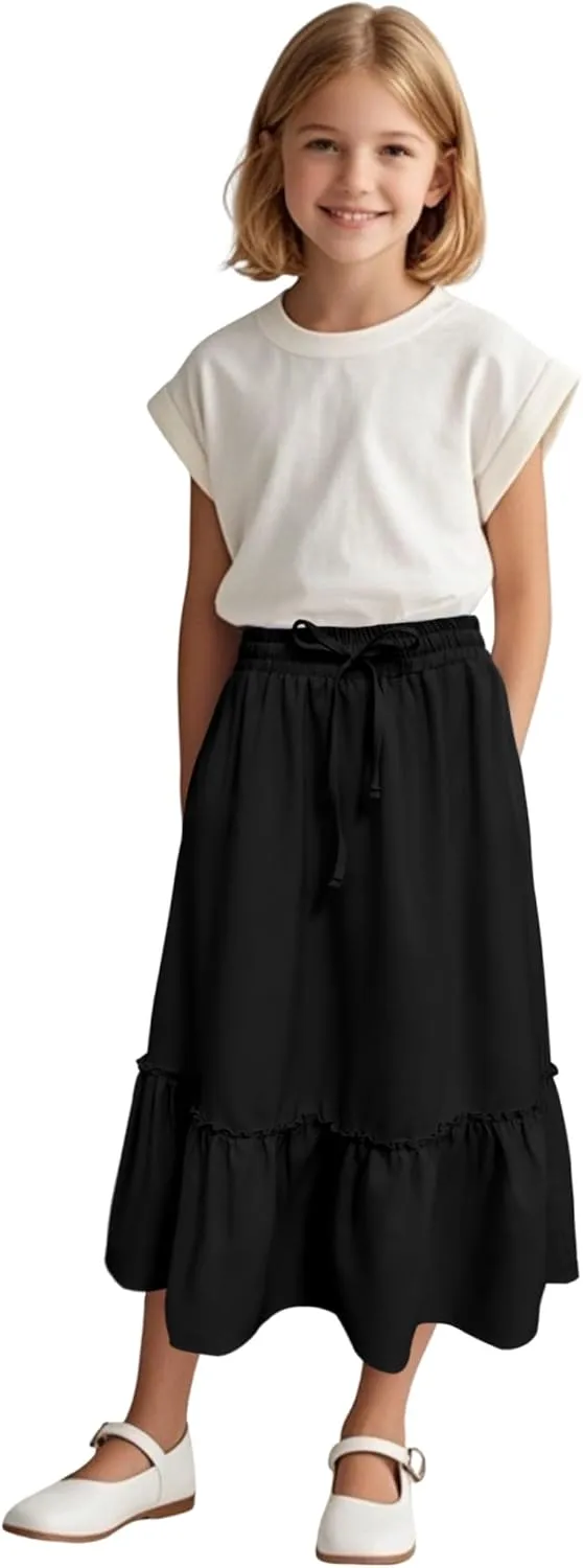 Girls High Waisted Ruffle Maxi Skirt Soft Cotton Long Skirts with Elastic Waistband for Kid Girl 3-12 Years