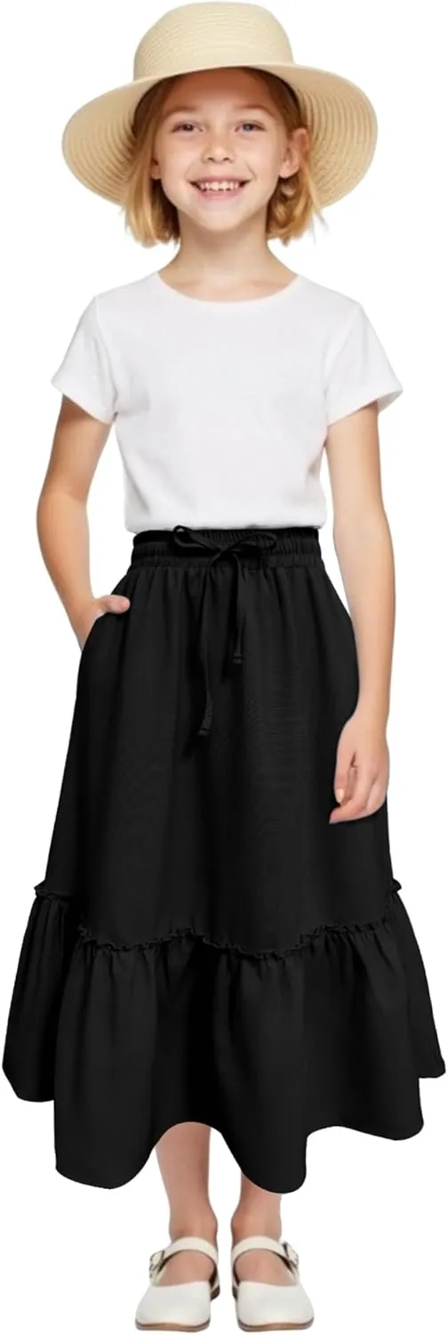 Girls High Waisted Ruffle Maxi Skirt Soft Cotton Long Skirts with Elastic Waistband for Kid Girl 3-12 Years