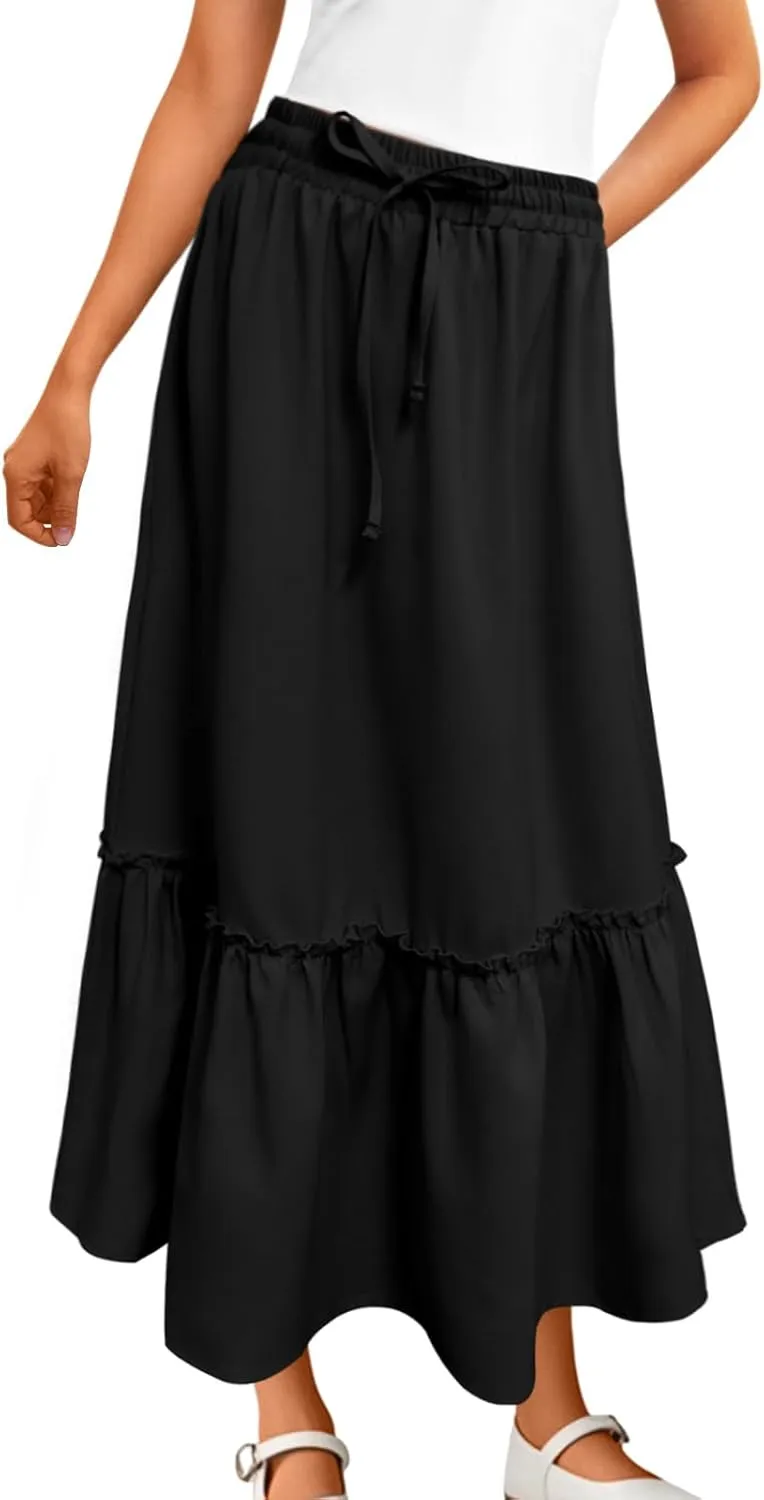 Girls High Waisted Ruffle Maxi Skirt Soft Cotton Long Skirts with Elastic Waistband for Kid Girl 3-12 Years