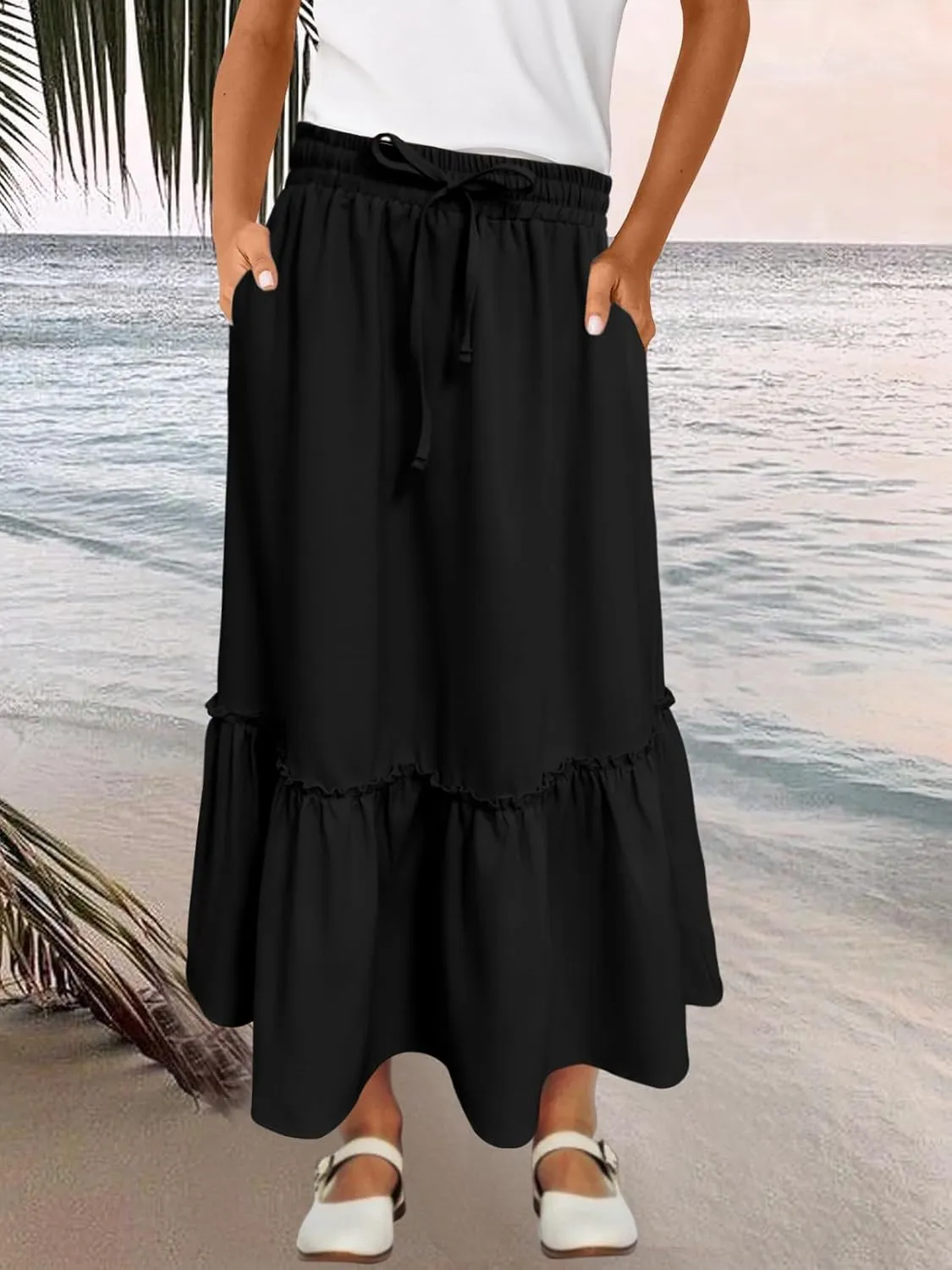 Girls High Waisted Ruffle Maxi Skirt Soft Cotton Long Skirts with Elastic Waistband for Kid Girl 3-12 Years