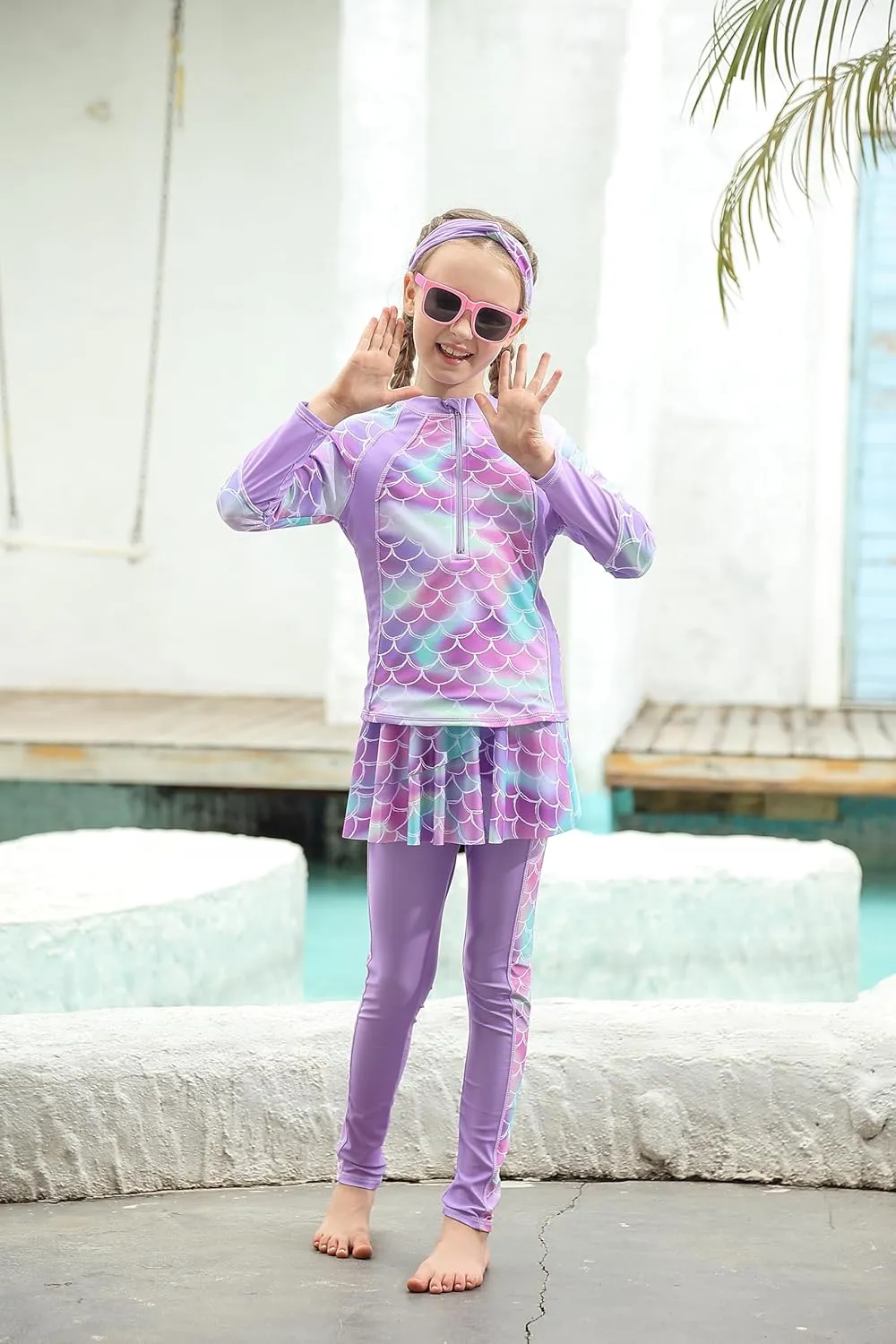 Girls Long Sleeve Rashguard Half Zip Swimsuits UPF 50  Two Piece Swim Sets with Hairband 5-12Y