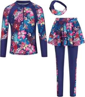 Girls Long Sleeve Rashguard Half Zip Swimsuits UPF 50  Two Piece Swim Sets with Hairband 5-12Y