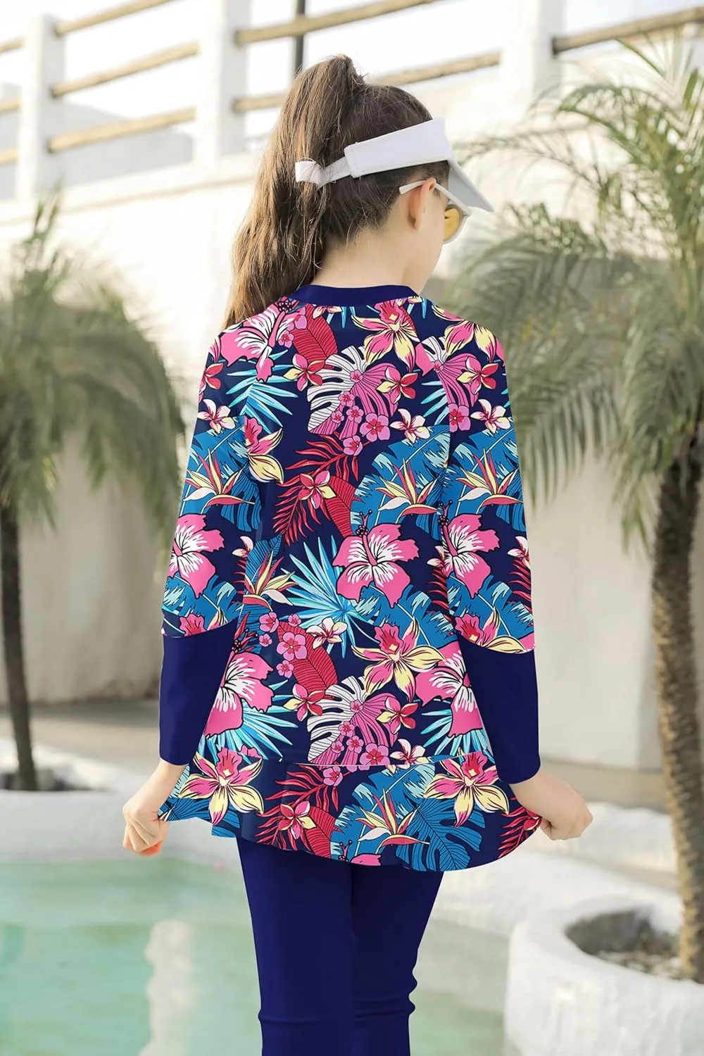 Girls Long Sleeve Rashguard Half Zip Swimsuits UPF 50  Two Piece Swim Sets with Hairband 5-12Y