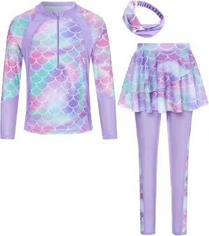 Girls Long Sleeve Rashguard Half Zip Swimsuits UPF 50  Two Piece Swim Sets with Hairband 5-12Y