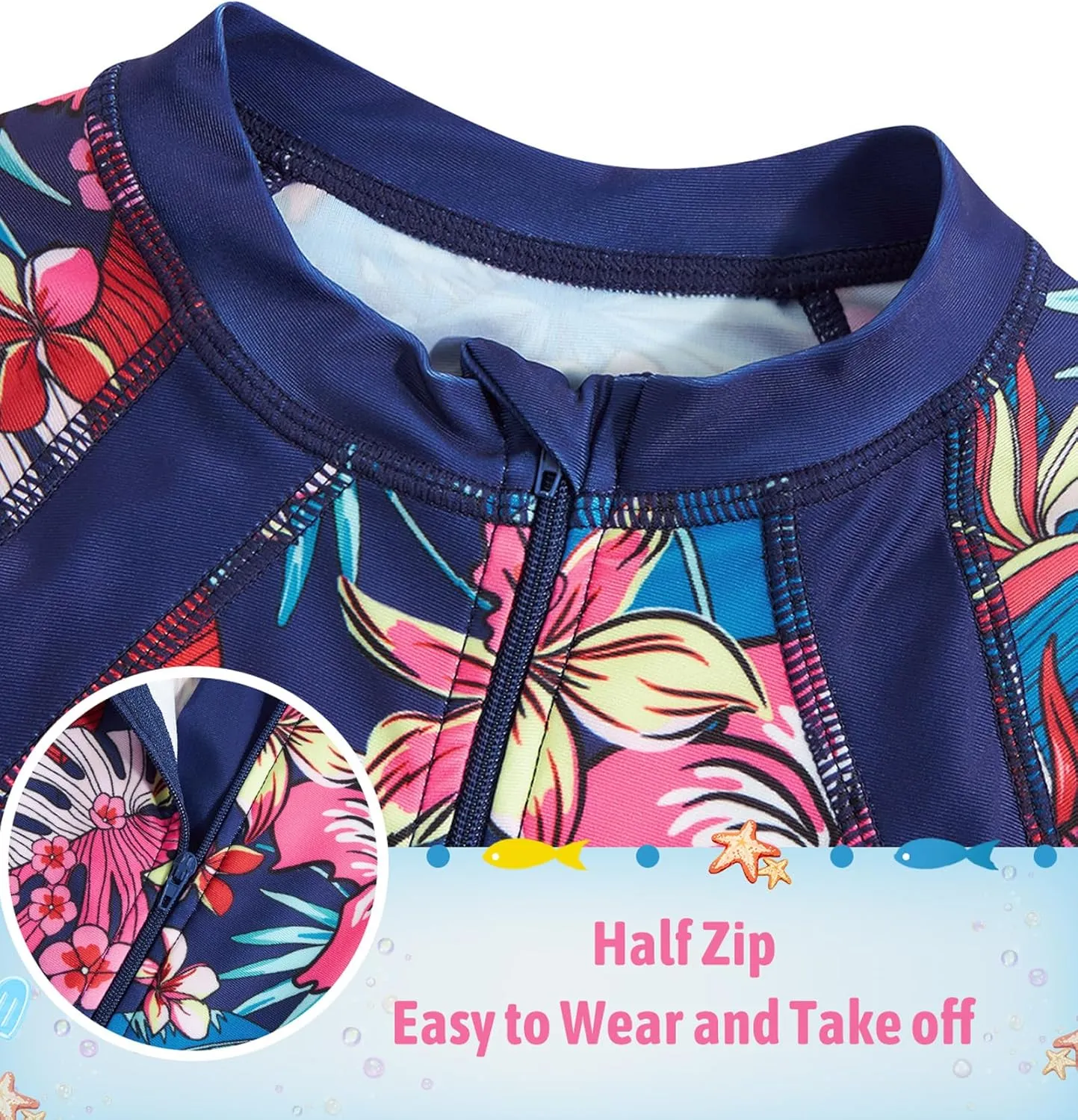 Girls Long Sleeve Rashguard Half Zip Swimsuits UPF 50  Two Piece Swim Sets with Hairband 5-12Y