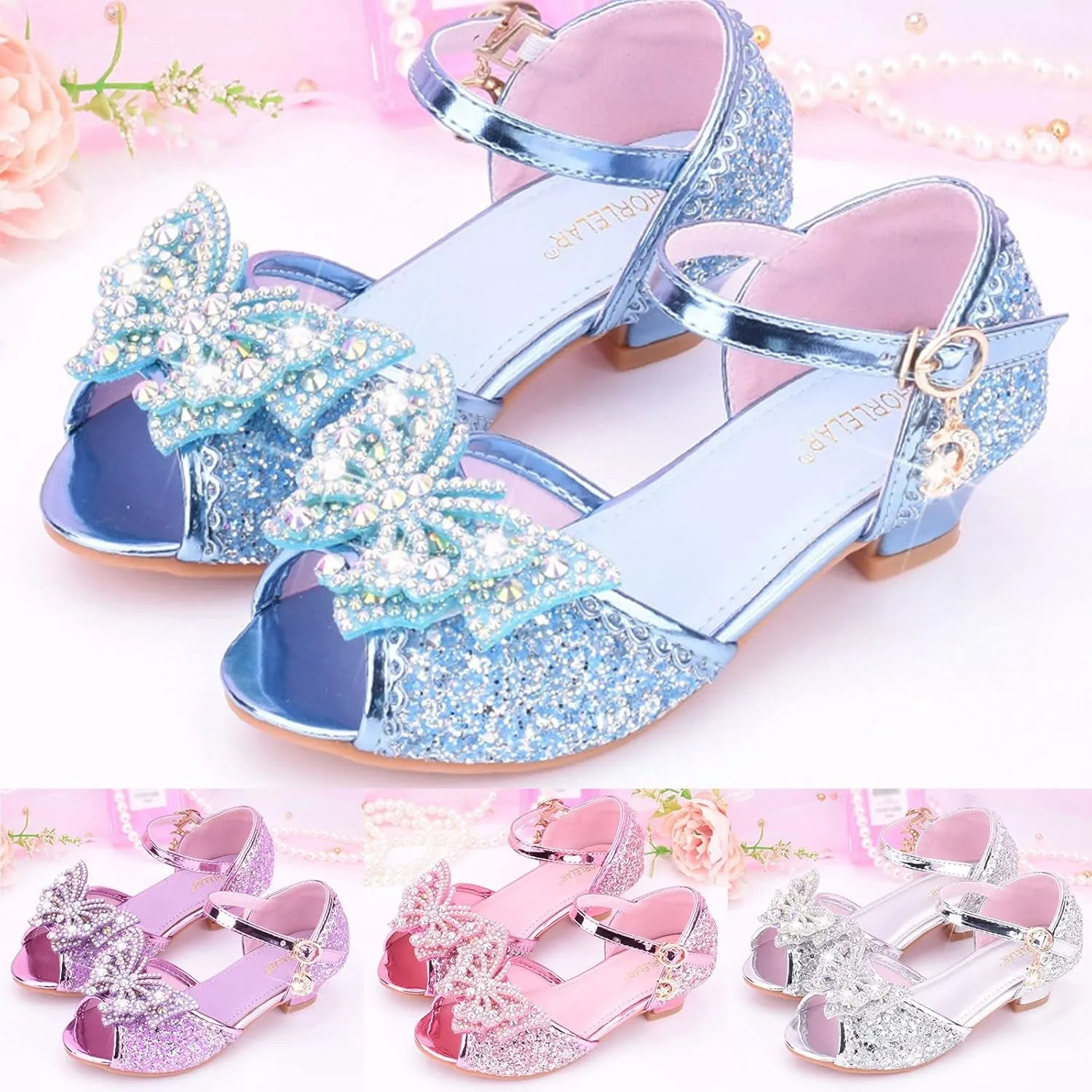 Girls Party Wedding Sandals Kids rystal Heels Open Toe Bow Formal Dress Shoes Princess Bridesmaid Shining Sandals