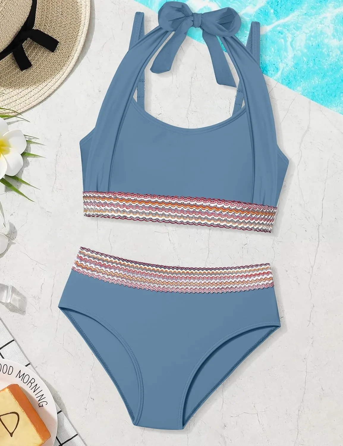 Girls Swimsuit 2 Piece Color Block Halterneck Bikini Sets with Adjustable Straps High Waist Girls Bathing Suits 9-16Y