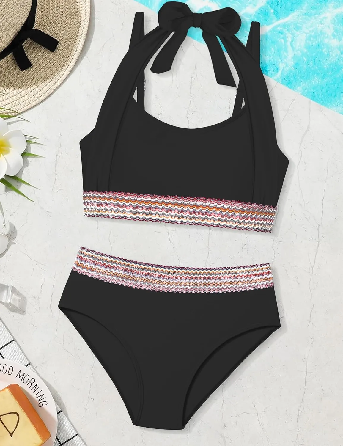 Girls Swimsuit 2 Piece Color Block Halterneck Bikini Sets with Adjustable Straps High Waist Girls Bathing Suits 9-16Y