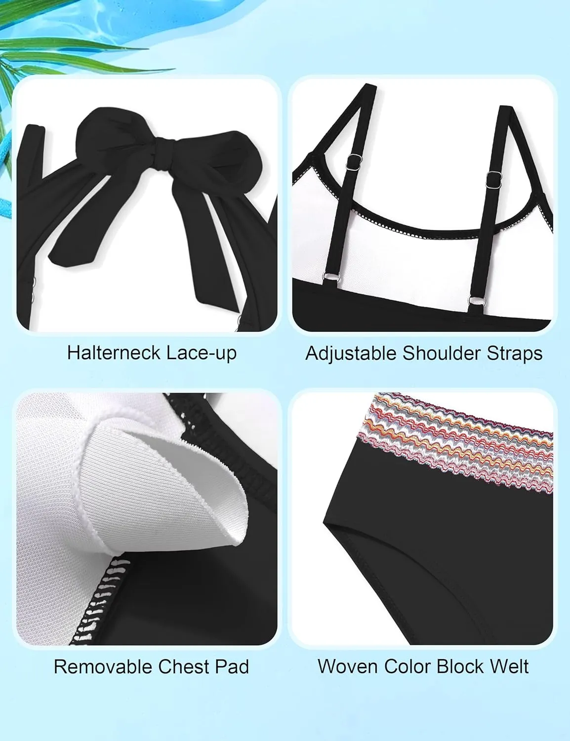 Girls Swimsuit 2 Piece Color Block Halterneck Bikini Sets with Adjustable Straps High Waist Girls Bathing Suits 9-16Y