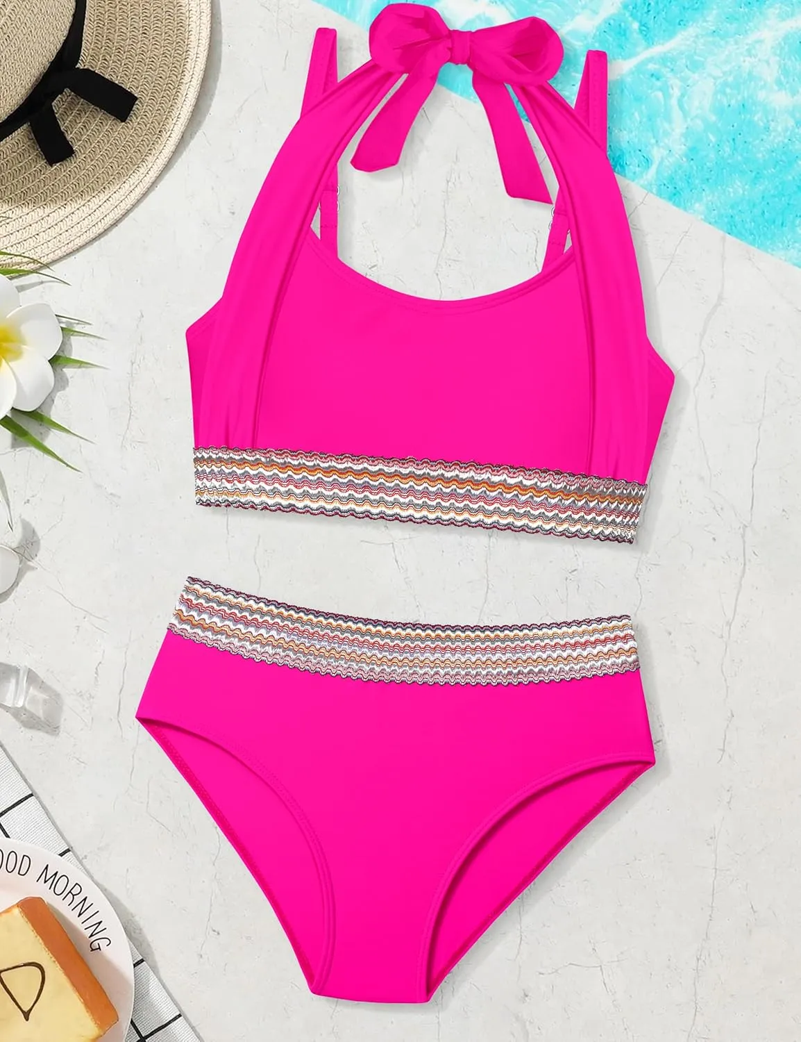 Girls Swimsuit 2 Piece Color Block Halterneck Bikini Sets with Adjustable Straps High Waist Girls Bathing Suits 9-16Y