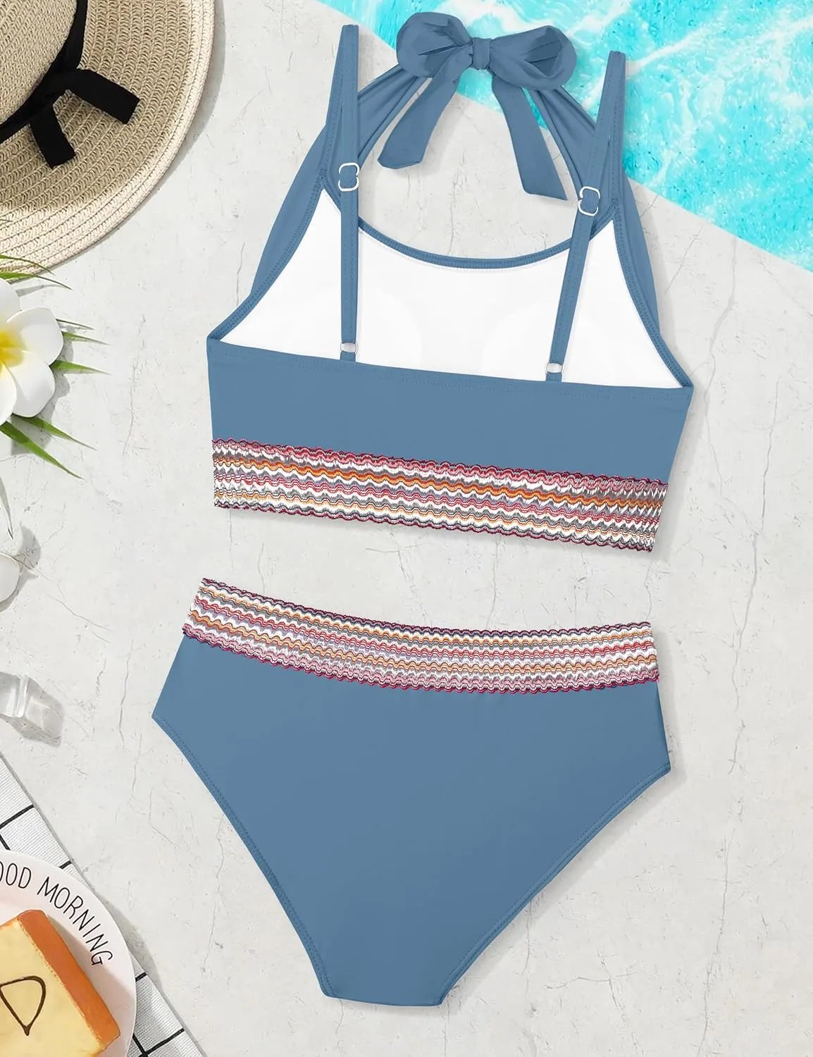 Girls Swimsuit 2 Piece Color Block Halterneck Bikini Sets with Adjustable Straps High Waist Girls Bathing Suits 9-16Y