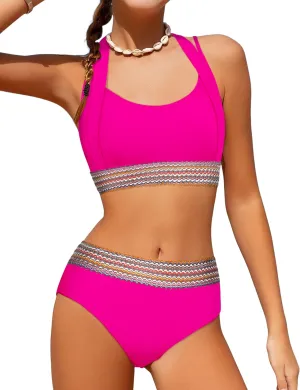 Girls Swimsuit 2 Piece Color Block Halterneck Bikini Sets with Adjustable Straps High Waist Girls Bathing Suits 9-16Y