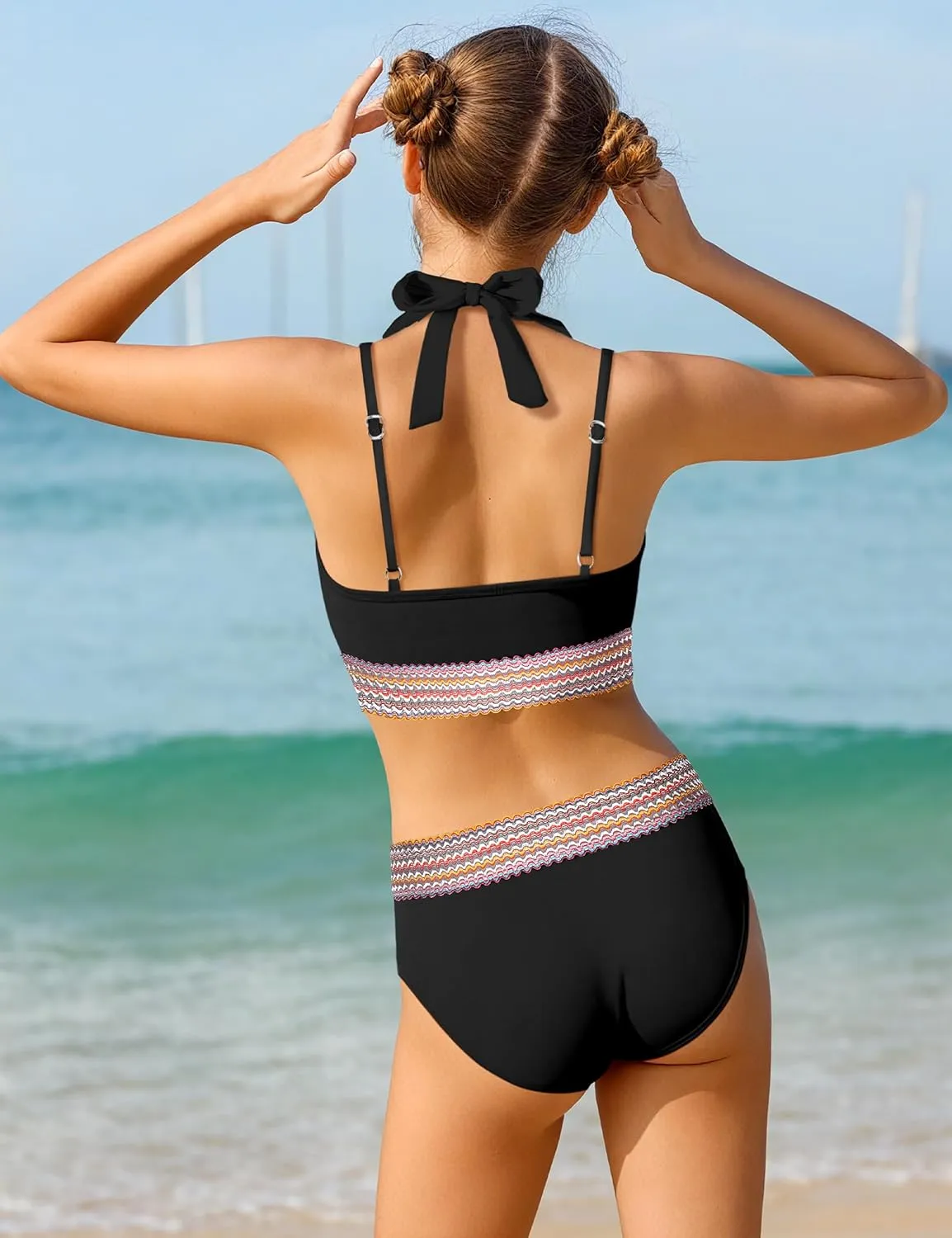 Girls Swimsuit 2 Piece Color Block Halterneck Bikini Sets with Adjustable Straps High Waist Girls Bathing Suits 9-16Y