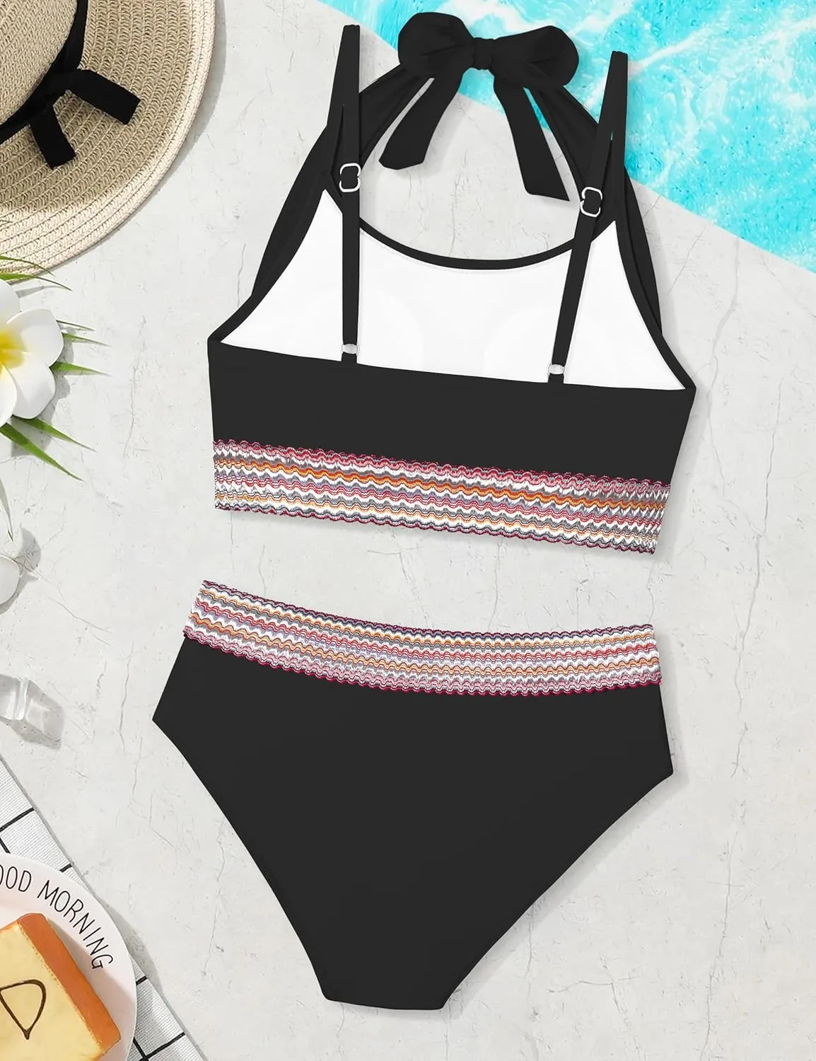 Girls Swimsuit 2 Piece Color Block Halterneck Bikini Sets with Adjustable Straps High Waist Girls Bathing Suits 9-16Y