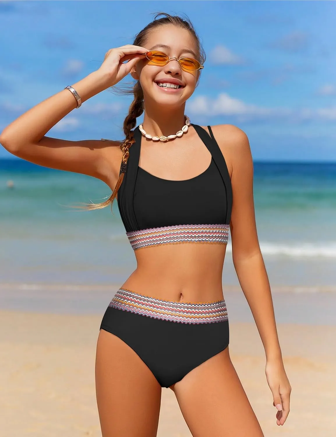 Girls Swimsuit 2 Piece Color Block Halterneck Bikini Sets with Adjustable Straps High Waist Girls Bathing Suits 9-16Y