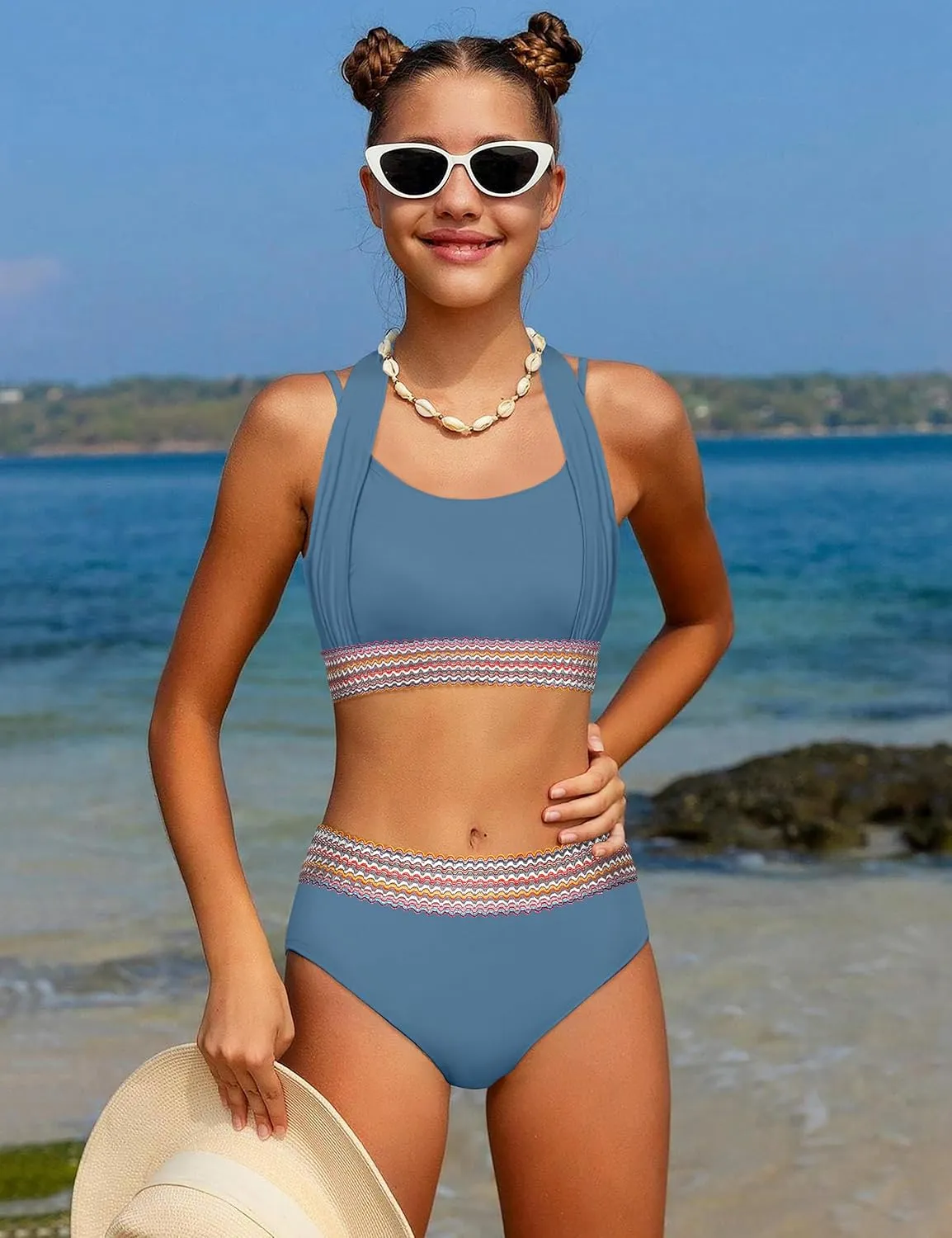 Girls Swimsuit 2 Piece Color Block Halterneck Bikini Sets with Adjustable Straps High Waist Girls Bathing Suits 9-16Y