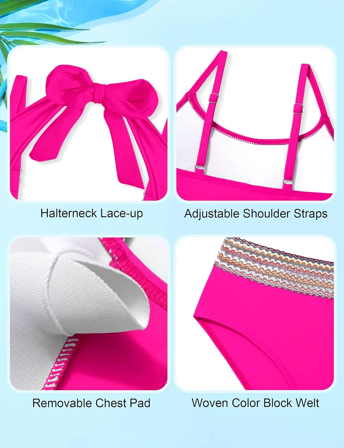 Girls Swimsuit 2 Piece Color Block Halterneck Bikini Sets with Adjustable Straps High Waist Girls Bathing Suits 9-16Y