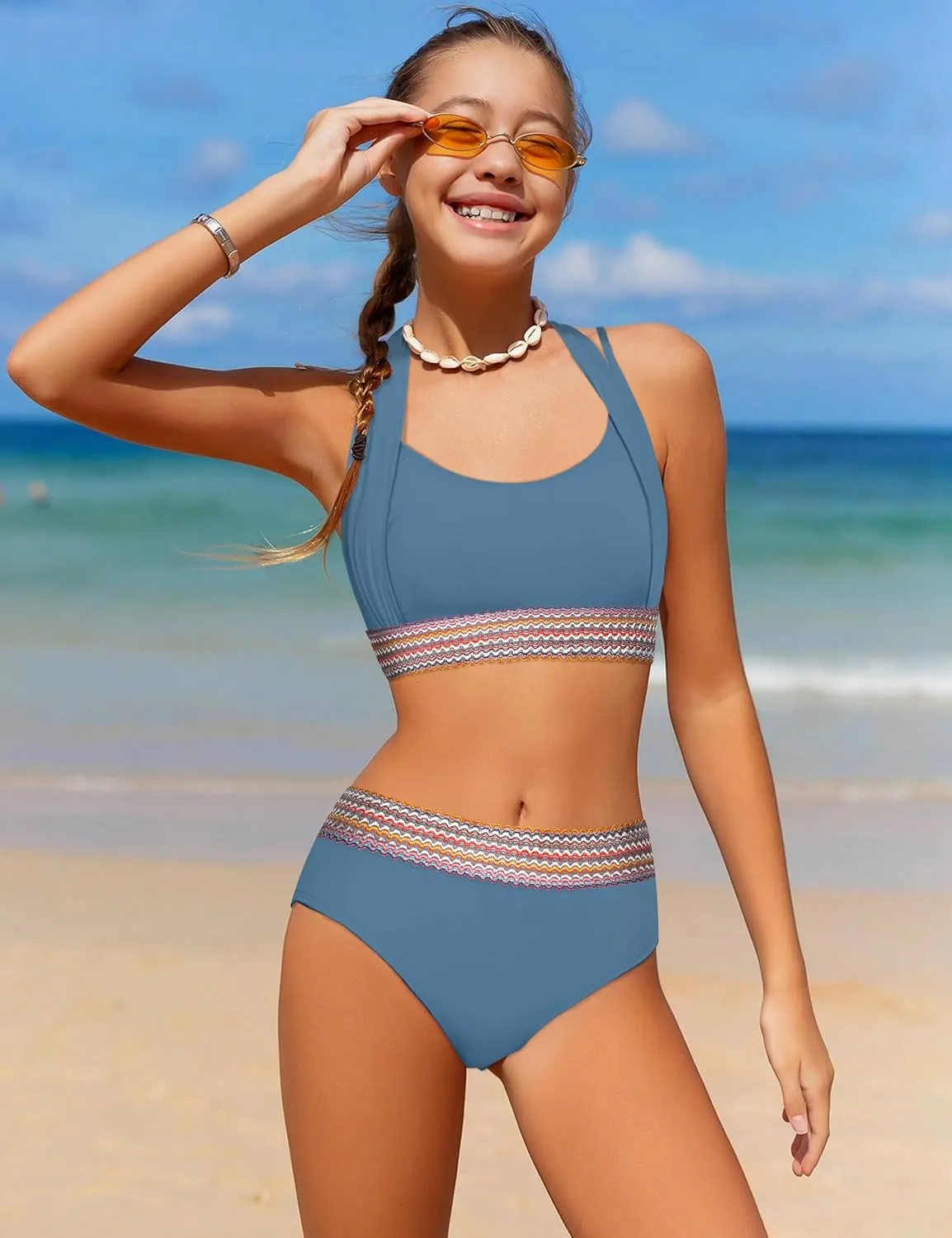 Girls Swimsuit 2 Piece Color Block Halterneck Bikini Sets with Adjustable Straps High Waist Girls Bathing Suits 9-16Y