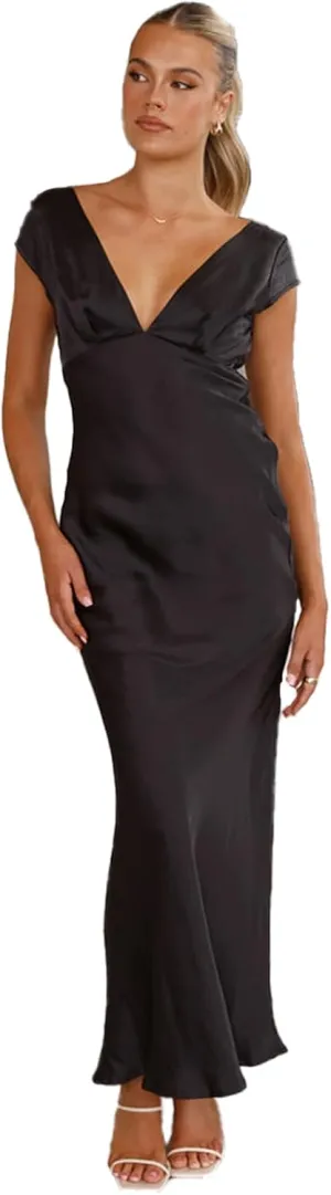 Gladtbser Women's Sexy Deep V-Neck Long Dress Elegant Sleeveless Bodycon Party Evening Gown Maxi Dress Club Long Skirt