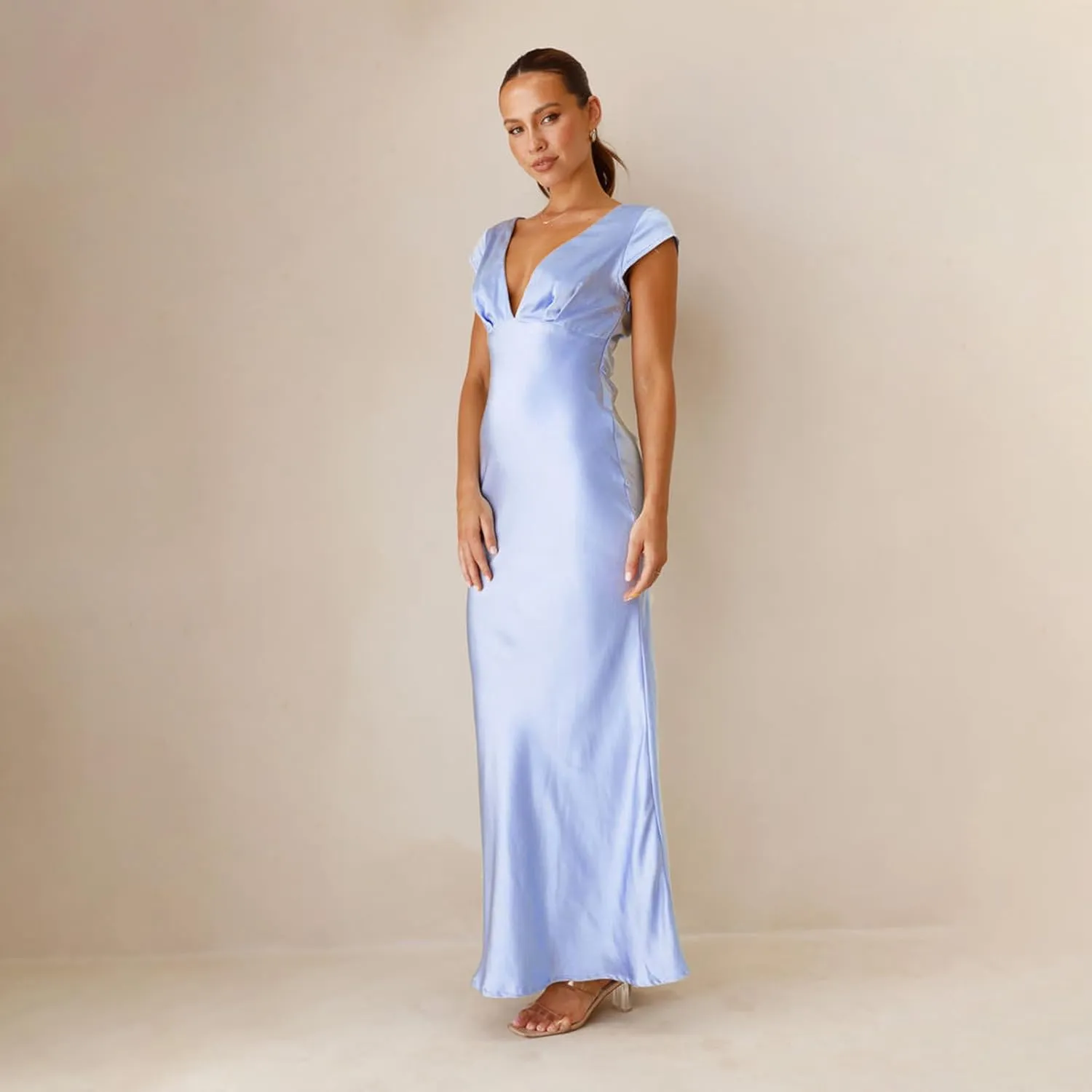 Gladtbser Women's Sexy Deep V-Neck Long Dress Elegant Sleeveless Bodycon Party Evening Gown Maxi Dress Club Long Skirt