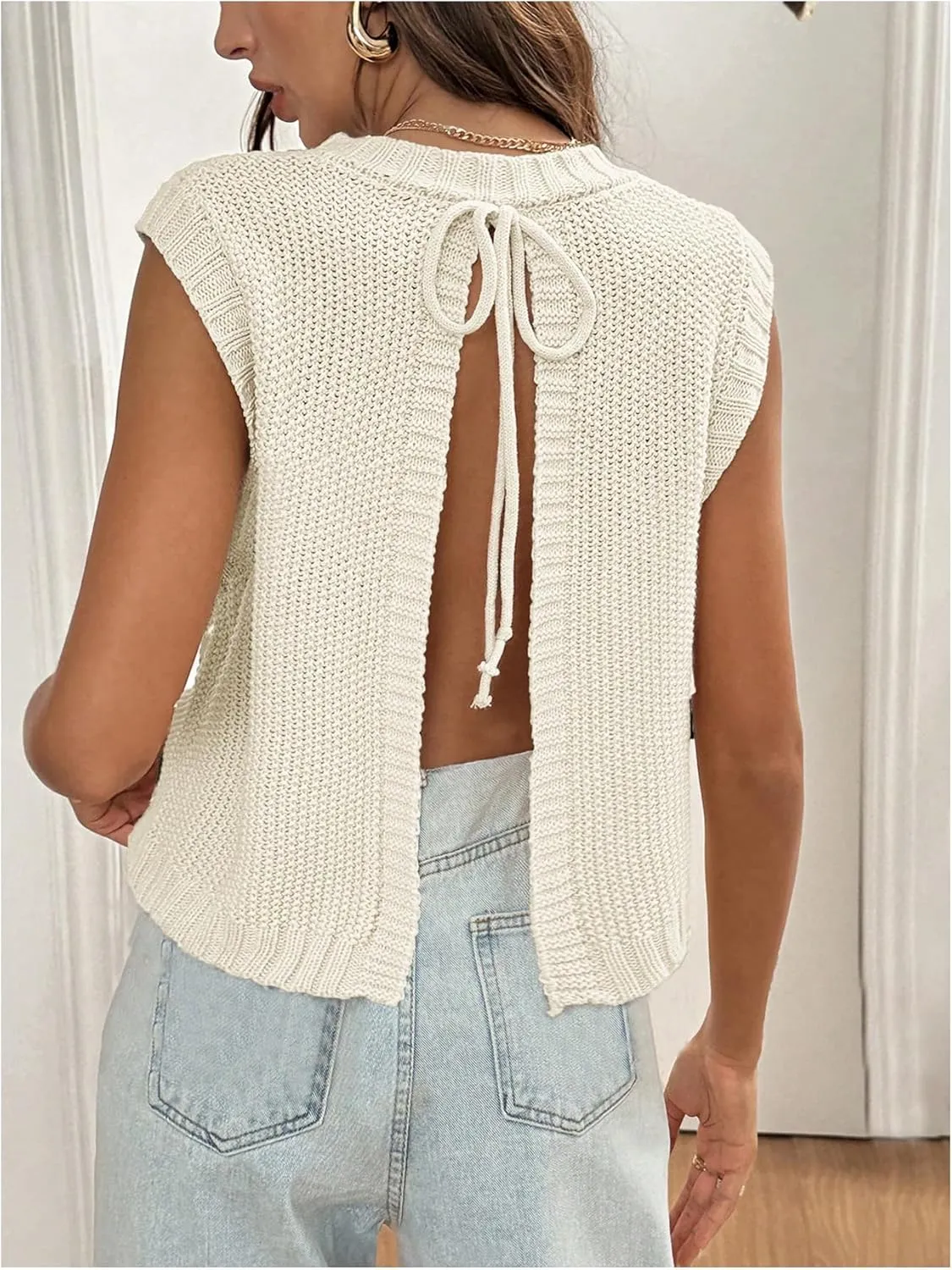 GORGLITTER Women's Cropped Backless Crochet Vest Open Back Tie Sweater Tank Tops