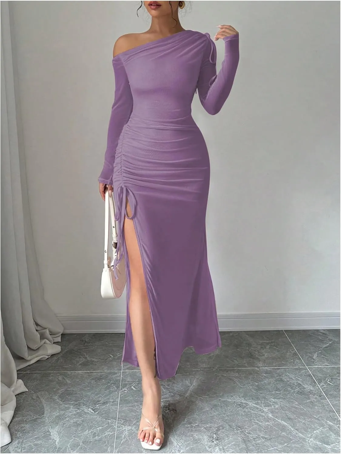 GORGLITTER Women's Drawstring Ruched Split Thigh Mesh Dress Asymmetrical Neck Maxi Dresses