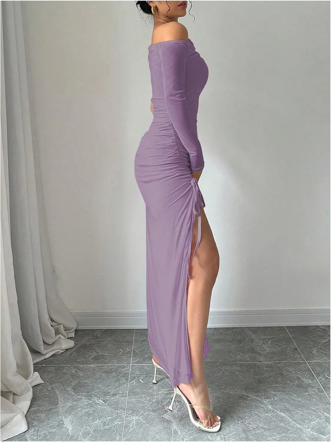 GORGLITTER Women's Drawstring Ruched Split Thigh Mesh Dress Asymmetrical Neck Maxi Dresses