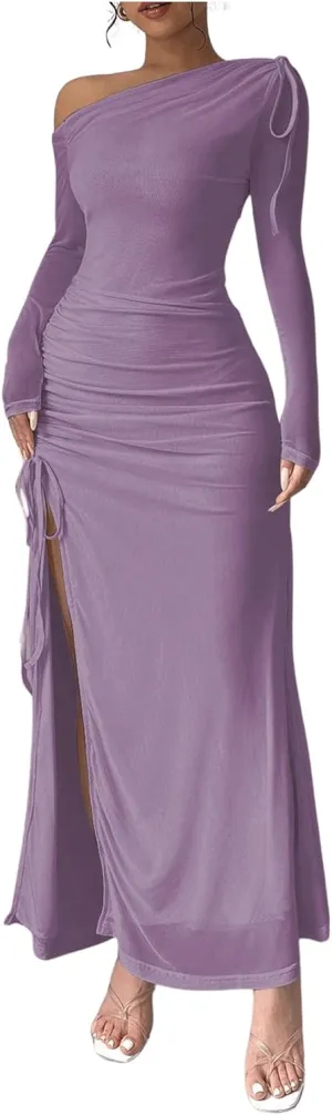 GORGLITTER Women's Drawstring Ruched Split Thigh Mesh Dress Asymmetrical Neck Maxi Dresses