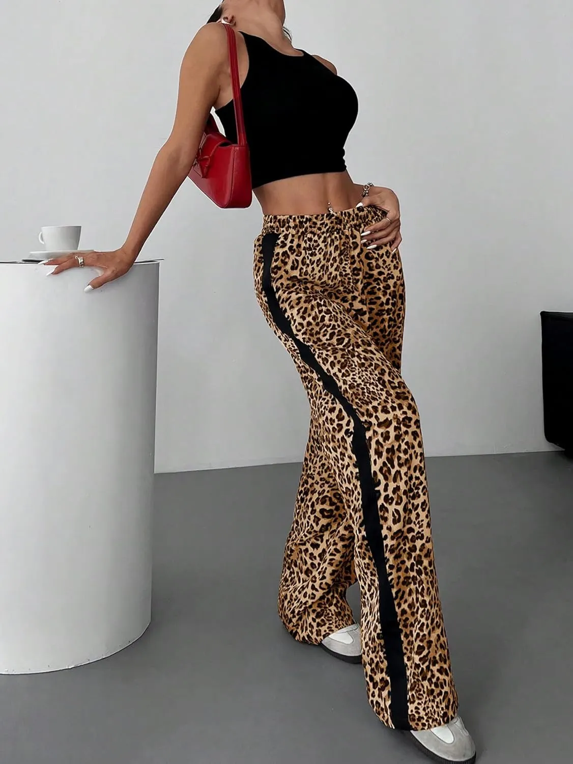 GORGLITTER Women's Y2K Leopard Print Pants Elastic Waist Wide Leg Street Long Trousers with Pockets