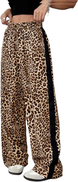 GORGLITTER Women's Y2K Leopard Print Pants Elastic Waist Wide Leg Street Long Trousers with Pockets