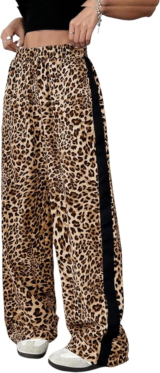 GORGLITTER Women's Y2K Leopard Print Pants Elastic Waist Wide Leg Street Long Trousers with Pockets
