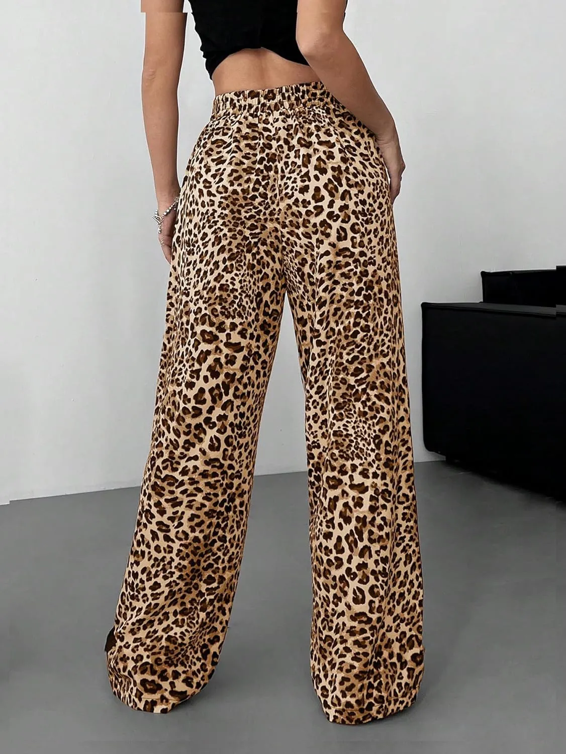 GORGLITTER Women's Y2K Leopard Print Pants Elastic Waist Wide Leg Street Long Trousers with Pockets