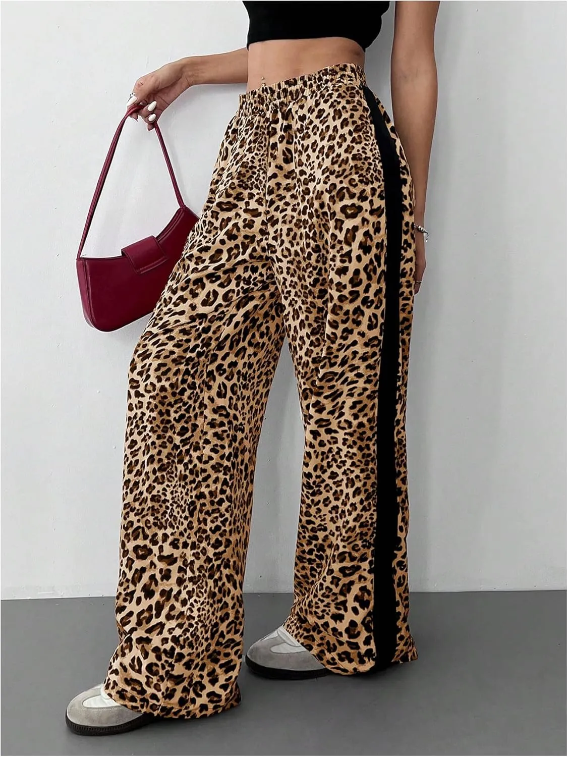 GORGLITTER Women's Y2K Leopard Print Pants Elastic Waist Wide Leg Street Long Trousers with Pockets