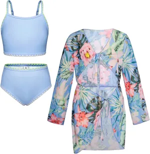 GRACE KARIN Girls Swimsuit 3 Pieces Bikini Set Swimwear Quick Dry Bathing Suit with Sun Protection Cover Up for Girls 5-12 Y