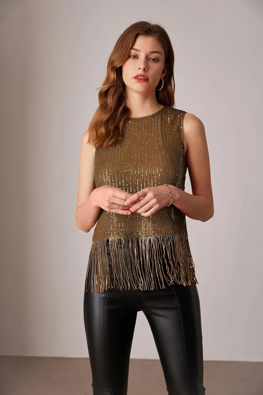 GRACE KARIN Sparkly Fringe Tops for Women Sleeveless Crewneck Tassel Sequin Tank Top Glitter Crop Party Shirt Cami Outfit
