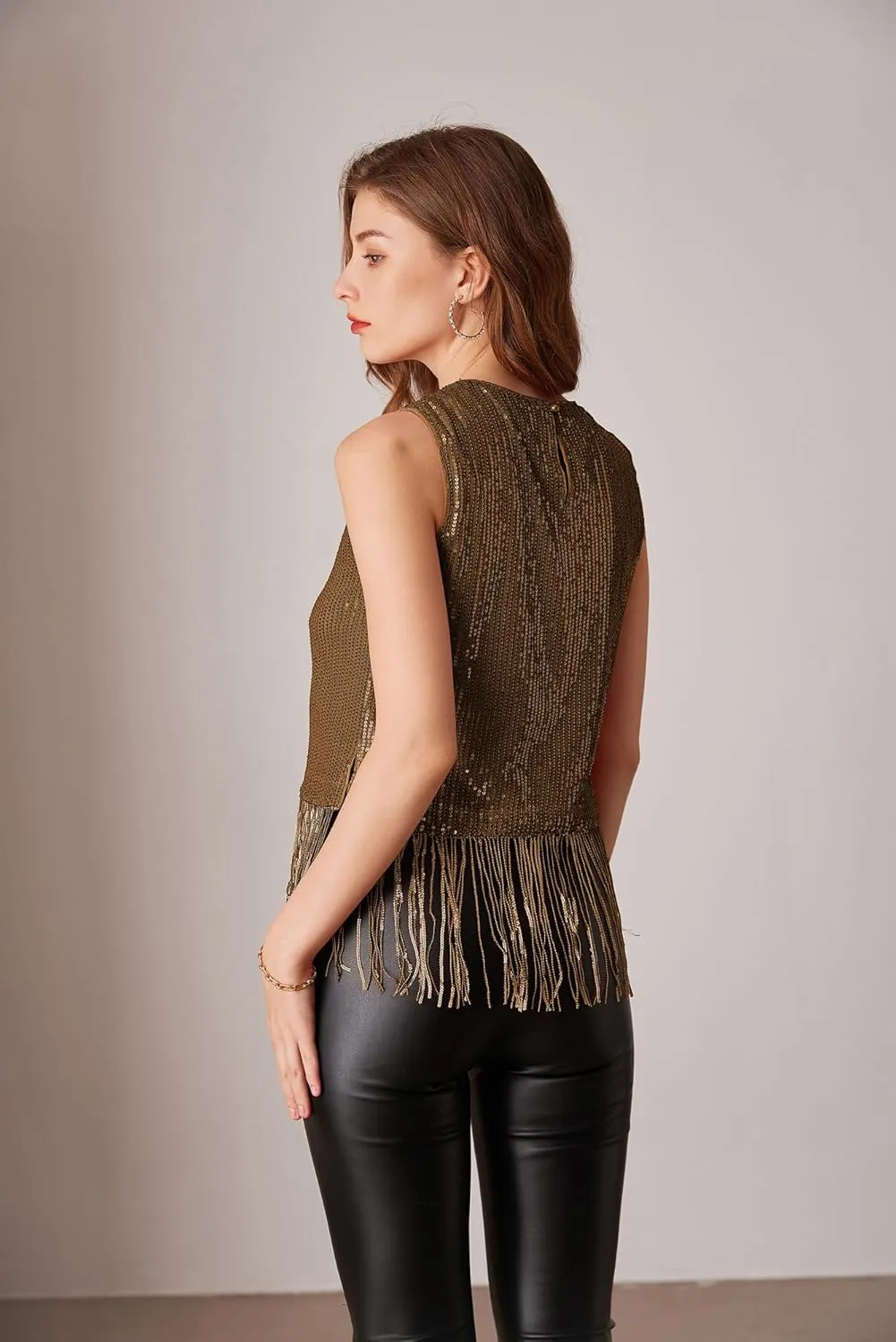 GRACE KARIN Sparkly Fringe Tops for Women Sleeveless Crewneck Tassel Sequin Tank Top Glitter Crop Party Shirt Cami Outfit