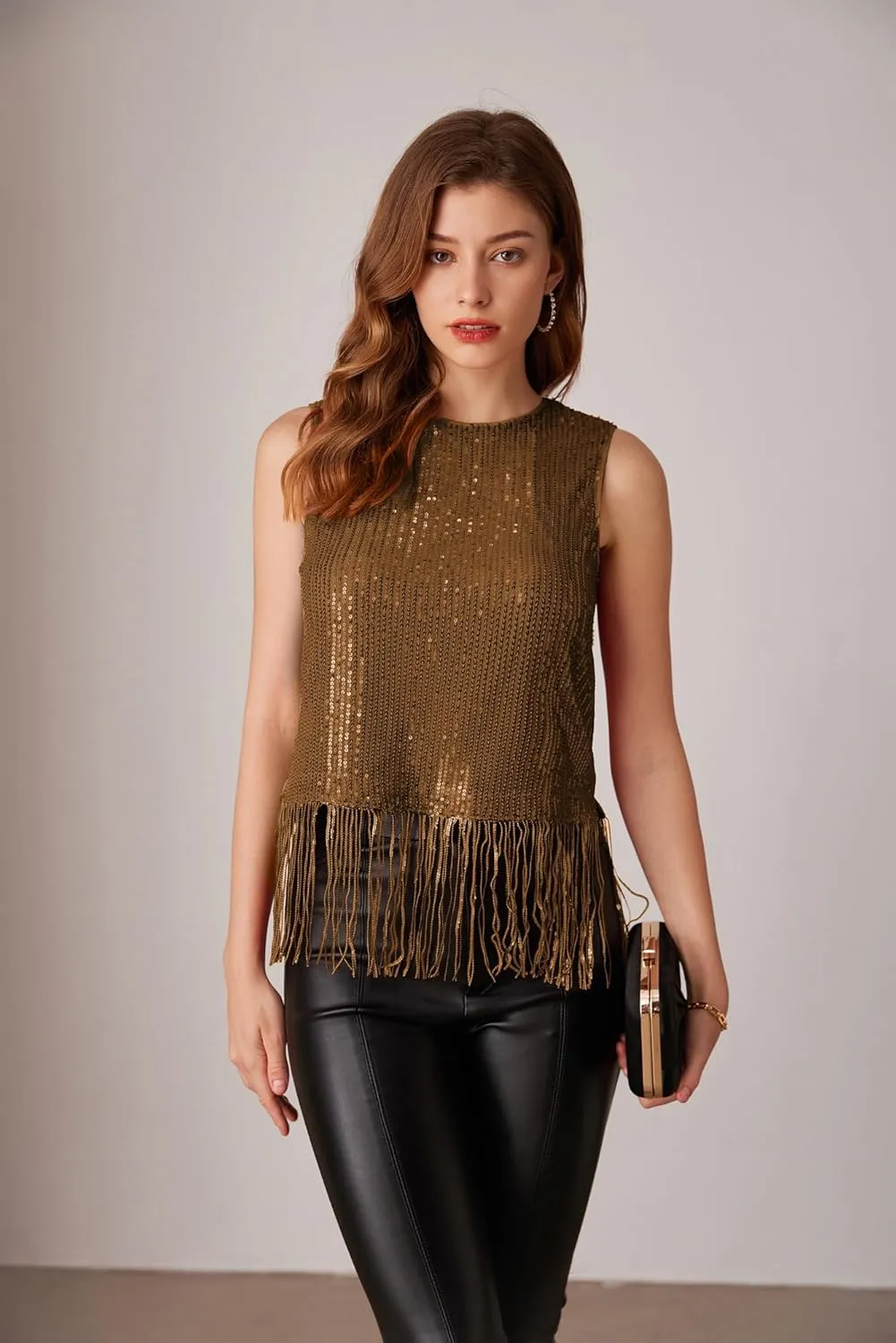 GRACE KARIN Sparkly Fringe Tops for Women Sleeveless Crewneck Tassel Sequin Tank Top Glitter Crop Party Shirt Cami Outfit
