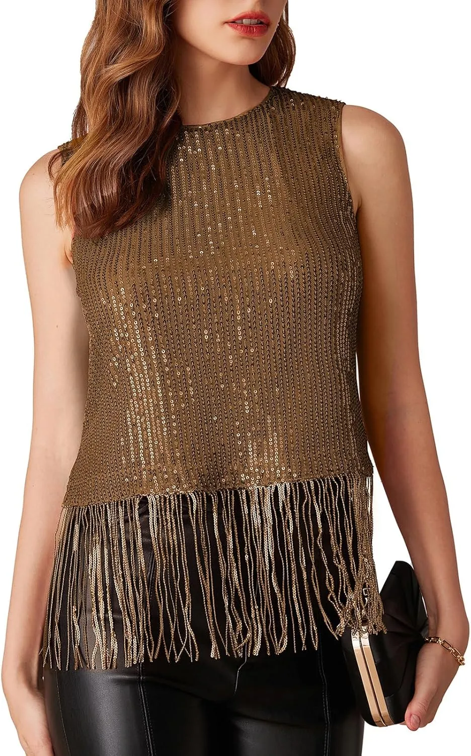 GRACE KARIN Sparkly Fringe Tops for Women Sleeveless Crewneck Tassel Sequin Tank Top Glitter Crop Party Shirt Cami Outfit
