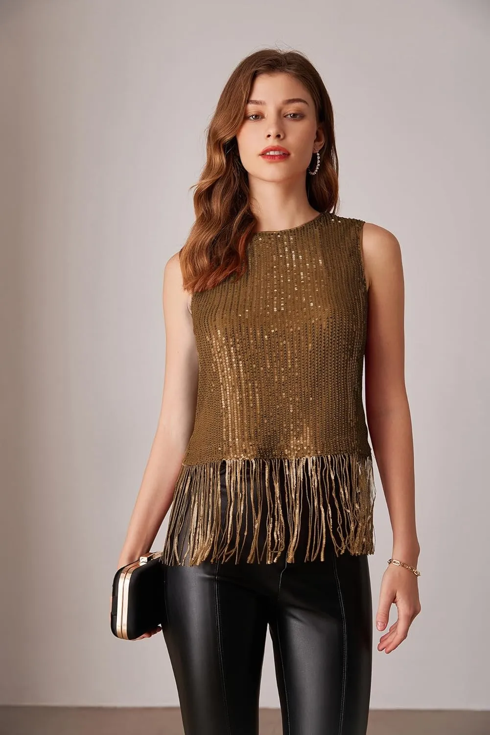 GRACE KARIN Sparkly Fringe Tops for Women Sleeveless Crewneck Tassel Sequin Tank Top Glitter Crop Party Shirt Cami Outfit