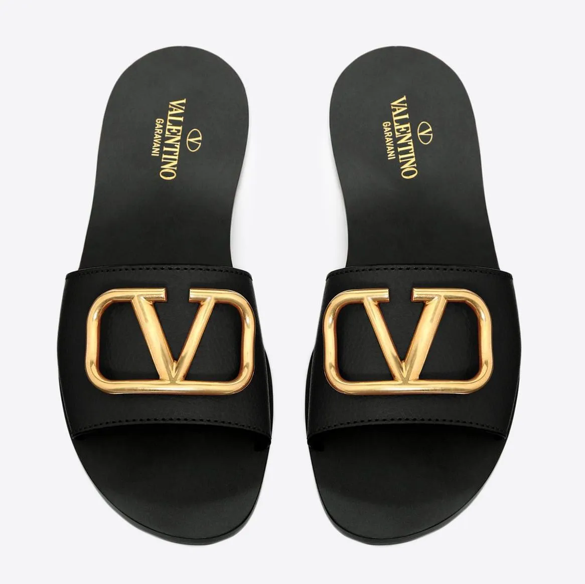 Grainy Cowhide Slide Sandal with Go Logo Detail, Black