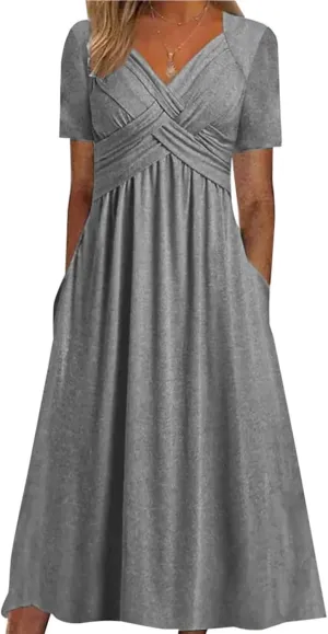 GTETKDE Plus Size Flowy V-Neck Maxi Dress for Women - Casual A-Line Beach Sundress with Pockets, Short Sleeve Summer Dress