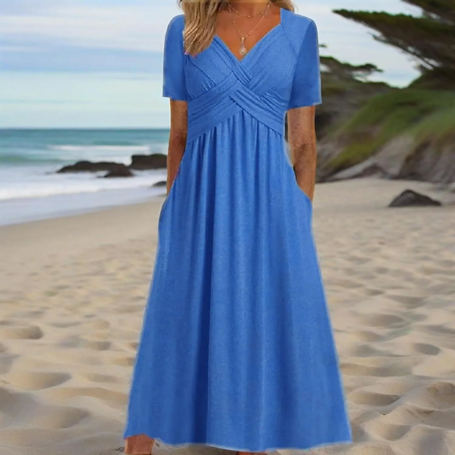 GTETKDE Plus Size Flowy V-Neck Maxi Dress for Women - Casual A-Line Beach Sundress with Pockets, Short Sleeve Summer Dress
