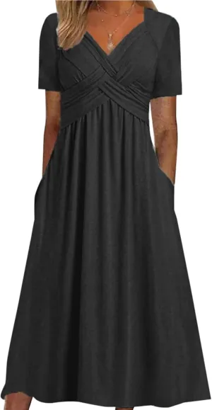 GTETKDE Plus Size Flowy V-Neck Maxi Dress for Women - Casual A-Line Beach Sundress with Pockets, Short Sleeve Summer Dress