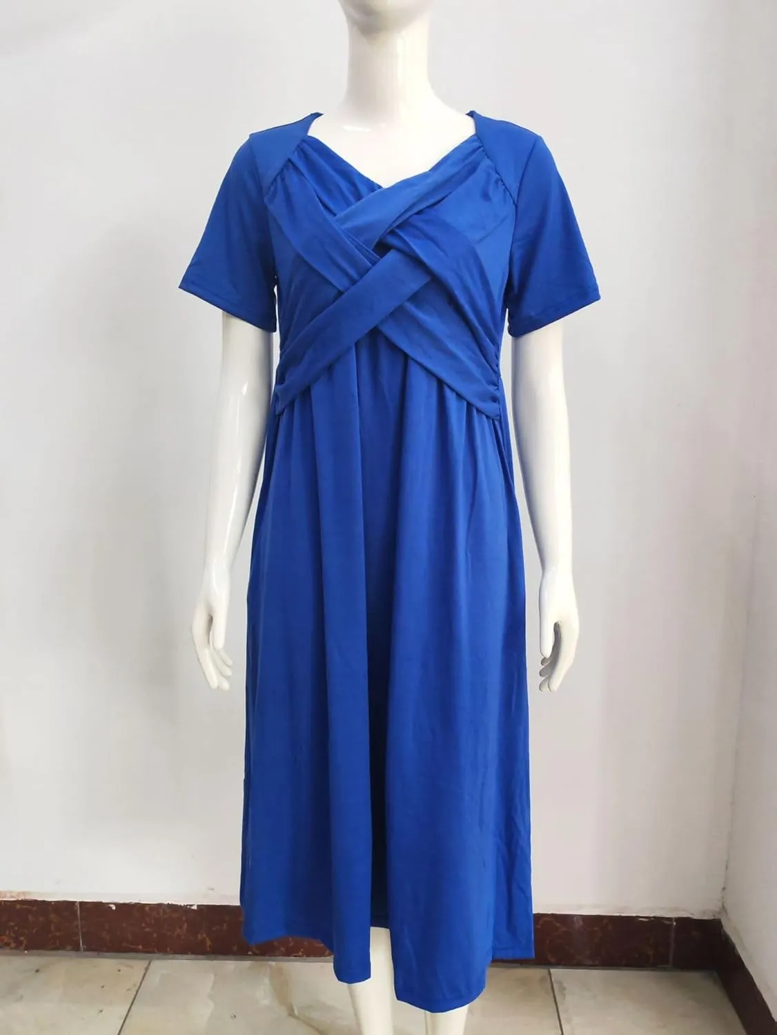 GTETKDE Plus Size Flowy V-Neck Maxi Dress for Women - Casual A-Line Beach Sundress with Pockets, Short Sleeve Summer Dress