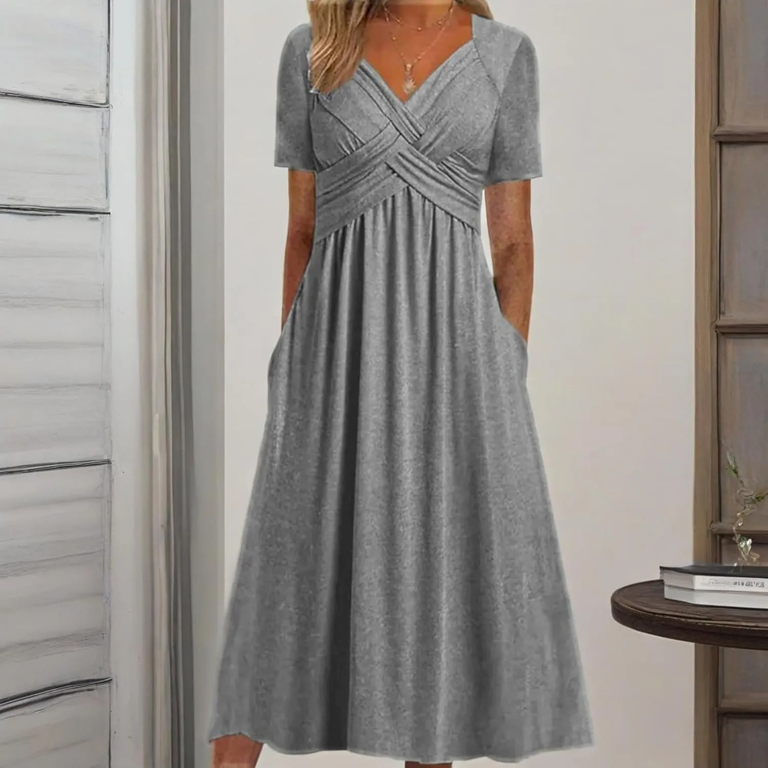 GTETKDE Plus Size Flowy V-Neck Maxi Dress for Women - Casual A-Line Beach Sundress with Pockets, Short Sleeve Summer Dress