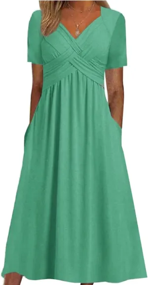 GTETKDE Plus Size Flowy V-Neck Maxi Dress for Women - Casual A-Line Beach Sundress with Pockets, Short Sleeve Summer Dress