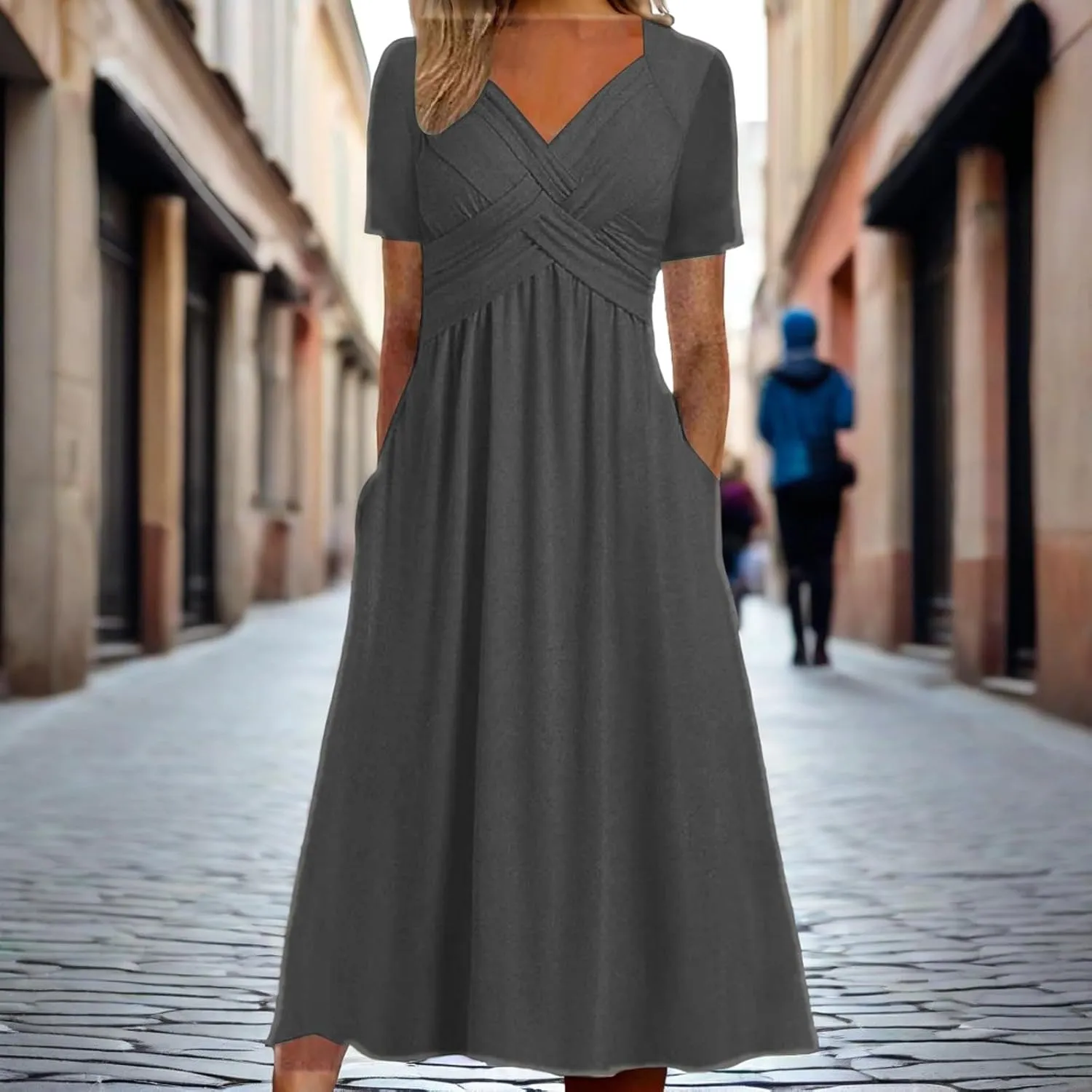 GTETKDE Plus Size Flowy V-Neck Maxi Dress for Women - Casual A-Line Beach Sundress with Pockets, Short Sleeve Summer Dress