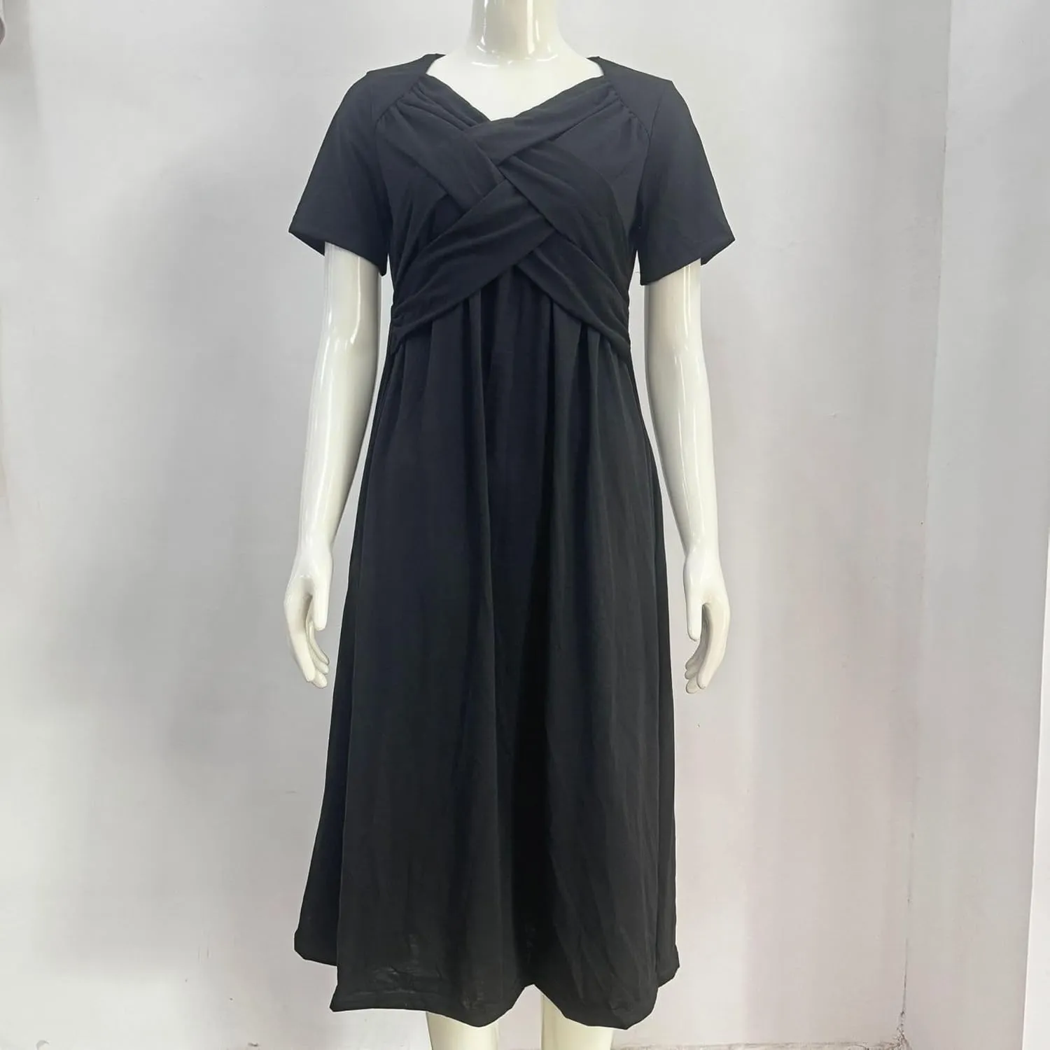 GTETKDE Plus Size Flowy V-Neck Maxi Dress for Women - Casual A-Line Beach Sundress with Pockets, Short Sleeve Summer Dress