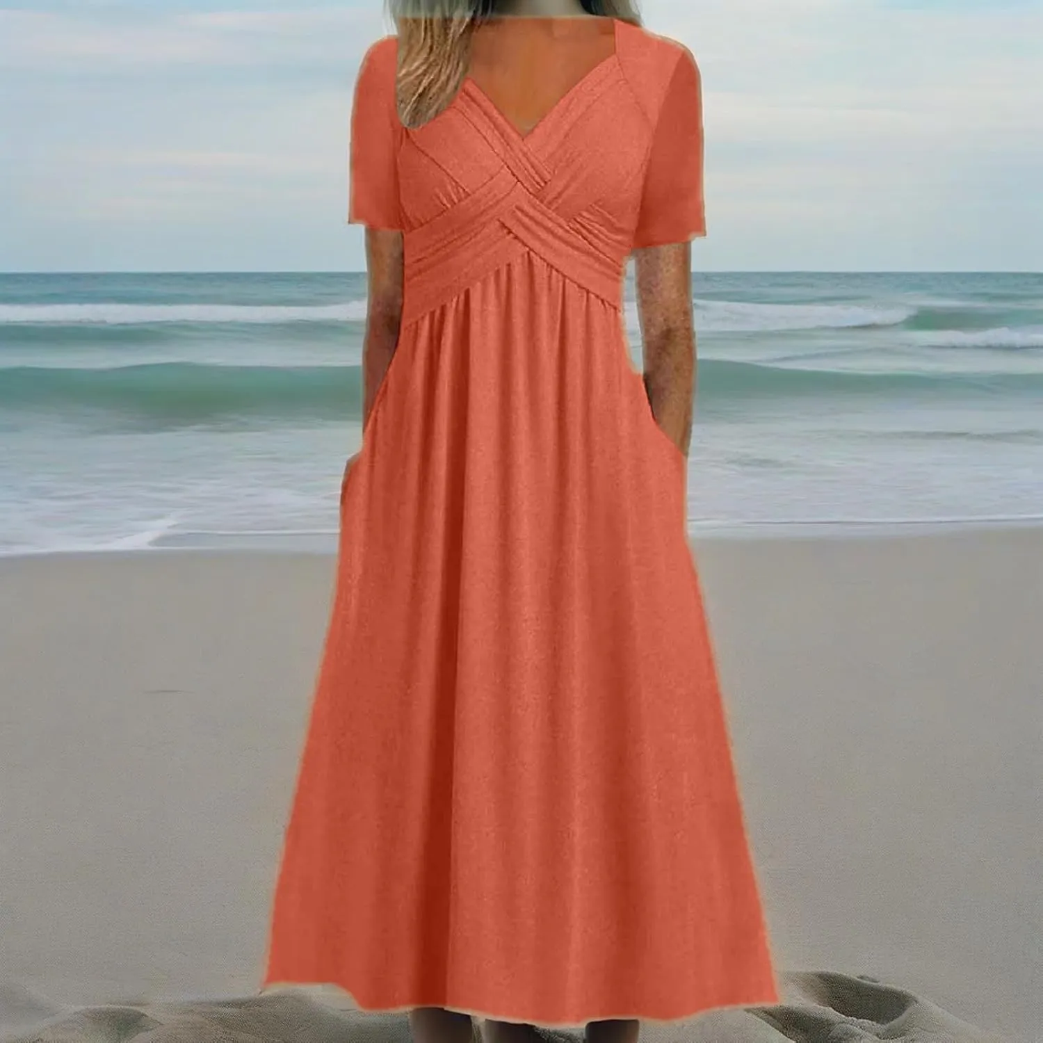 GTETKDE Plus Size Flowy V-Neck Maxi Dress for Women - Casual A-Line Beach Sundress with Pockets, Short Sleeve Summer Dress